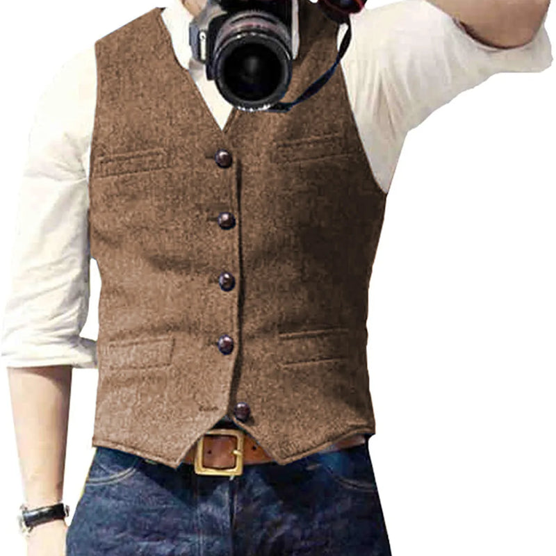 Men's Suit Vest V Neck Wool Herringbone Tweed Casual Waistcoat Formal Business Vest Groomman
