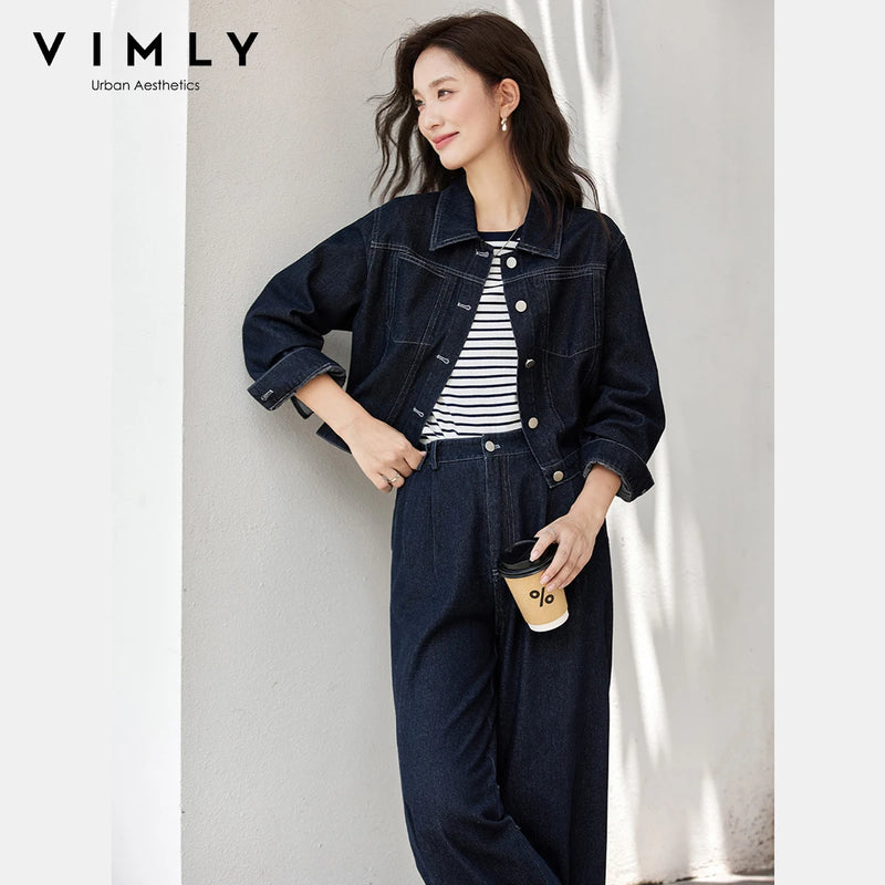 VIMLY Women's Two-piece Set 2026 Vintage Blue Denim Long Sleeve Coats Fashion Wide-leg Baggy Pant Matching Sets Female A2200