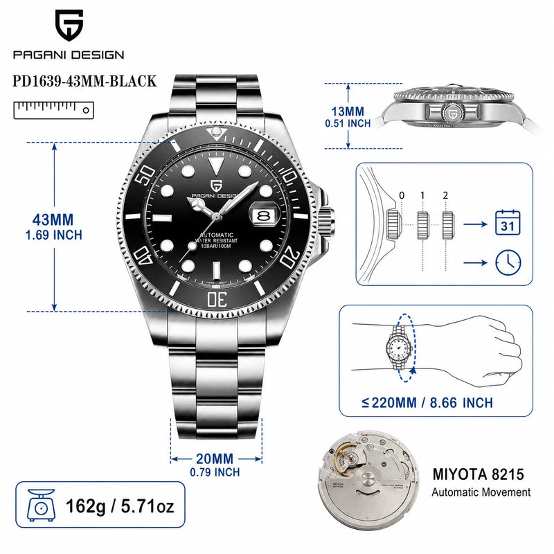 PAGANI DESIGN Men Watches Automatic Watch Mechanical Sapphire Glass Stainless Steel Luminous Date Luxury - Visuel 10 | SAMAG