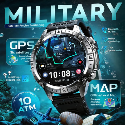 Military Tank GPS SmartWatch Offline Map 10ATM Swim 2GB RAM Music Altitude Compass Bt Call Fitness Sports Men | SAMAG
