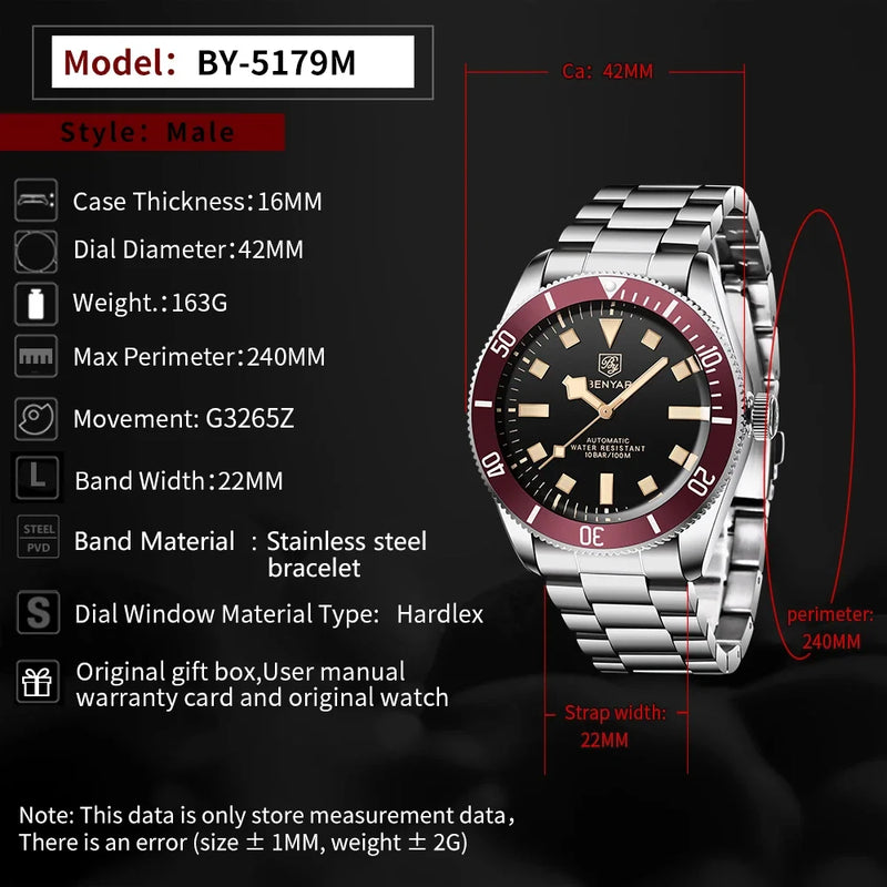 BENYAR 2026 New Men Watches Retro Black Mechanical Automatic luxury watch for men Waterproof Luminous Stainless steel wristwatch