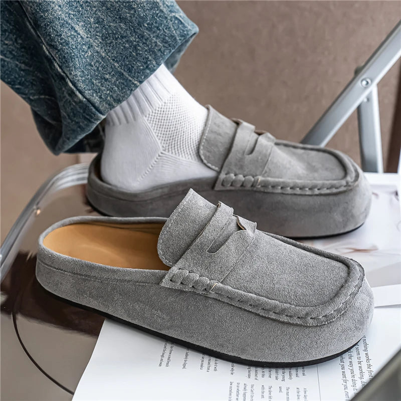 Fashion Comfortable Men's Casual Shoes Leather Loafers Half Slippers Slip-on Lazy Driving Shoes Couple Breathable Walking Shoes
