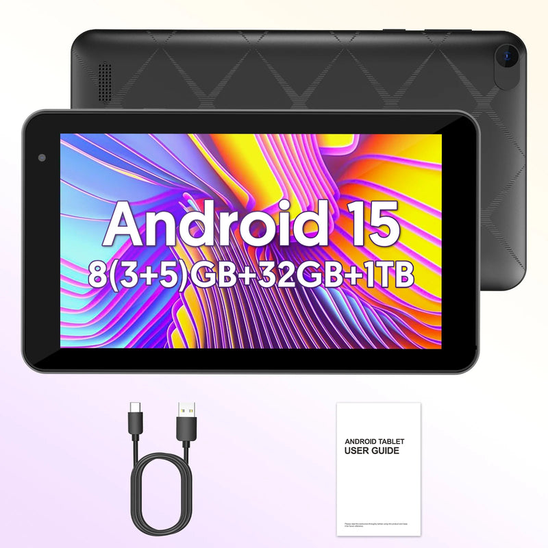 7-inch Android 15 Tablet, 8GB (3+5) RAM, 32GB Storage, 3500mAh Battery, HD 1024x600 IPS Display, Dual Cameras, Wi-Fi, Bluetooth