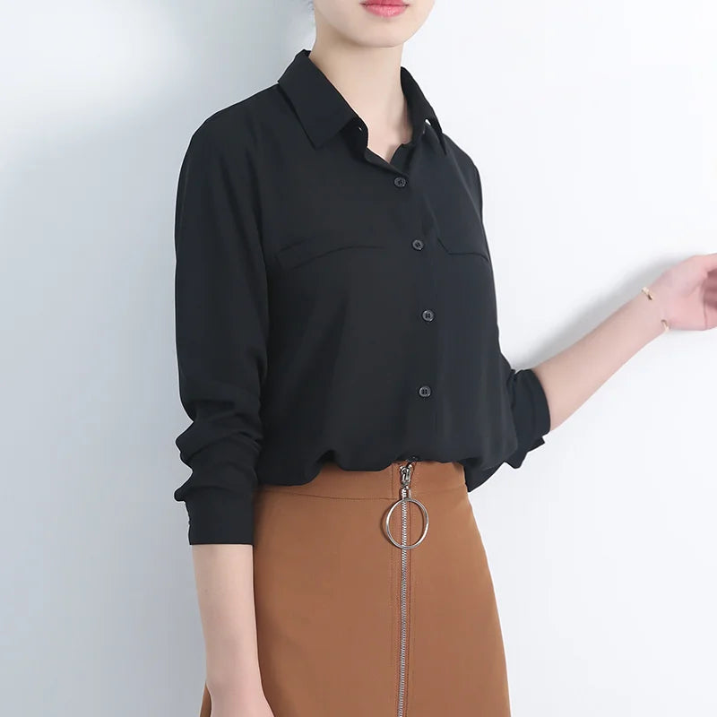 Simple Solid Color Loose Women's Chiffon Shirt 2025 Spring New Fine Long Sleeve Casual Blouses and Tops Lady OL Office Shirts