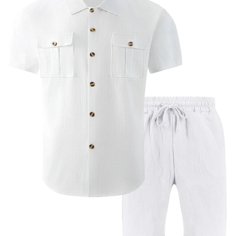 Summer Fashion Men Linen Short Sleeve Shirt Set Outdoor | SAMAG