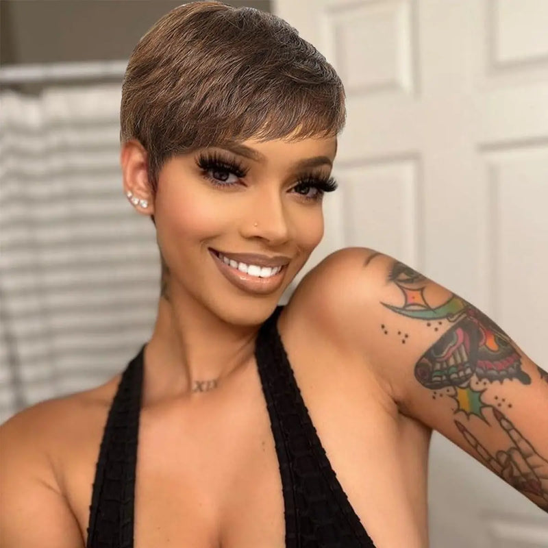 Short Pixie Cut Wig Layered Chocolate Brown Cut  Human Hair Wig 4# Straight Hair Pixie Wigs with Bangs Full Machine Duby Wig