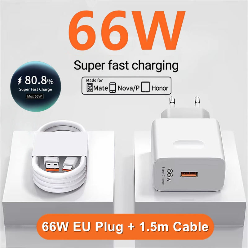 6A 66W Super Fast EU Charger For Huawei Mate 50 60 P60 Nova 12 13 Honor 200 400 Magic 4 5 6 7 Pro Type C USB Quick Charge Cable
