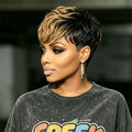 Pixie Cut Human Hair Wig Full Machine Made Black Blonde Ombre Fluffy Curly Short Wig For African American Women Casual Outfits