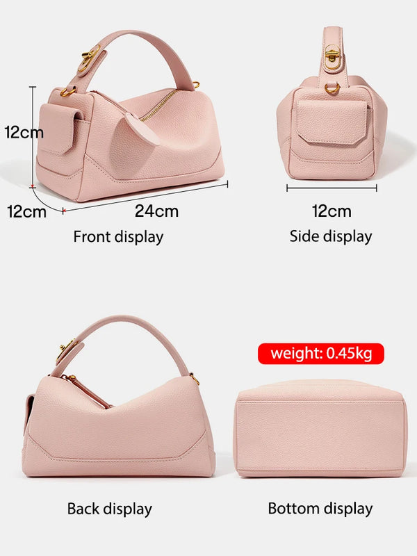 Women Genuine Leather Pillow Bag Designer Metal Hardware Top Handle Ladies Handbag Small Boston Tassel Girls Beige Leather Bag