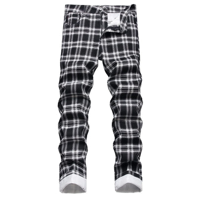 Men's Check Printed Jeans Fashion Black White Plaid | SAMAG