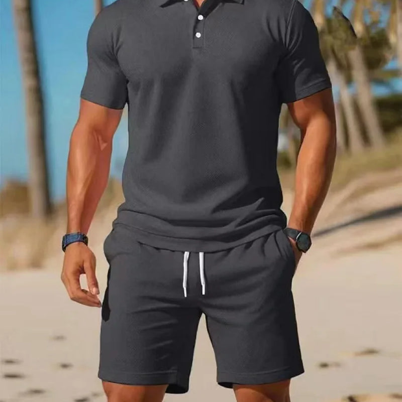 Summer New Men's Polo Shirt Set Casual Sporty Cool Fashionable Slim Fit Solid Color Short-Sleeved Shorts Set Men's