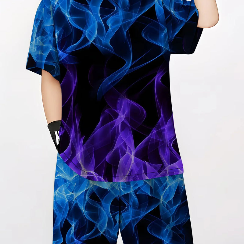 Summer Outfit Blue Flame Print Short Sleeve T - Shirt + Set - View 3 | SAMAG