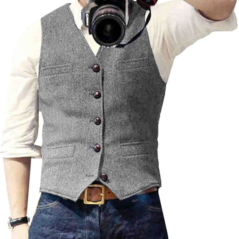 V Neck Men's Suits Vest Casual Classic Formal Business Herringbone Tweed Slim Fit Waistcoat For Wedding Groomsmen