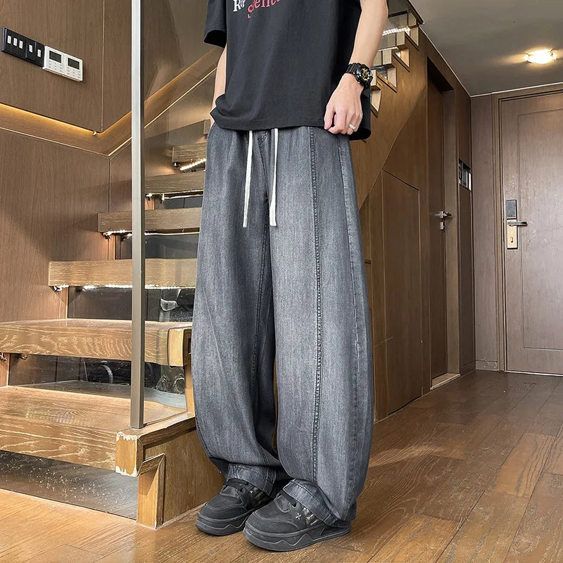Men Lyocell Wide Leg Jeans Lightweight Drawstring | SAMAG
