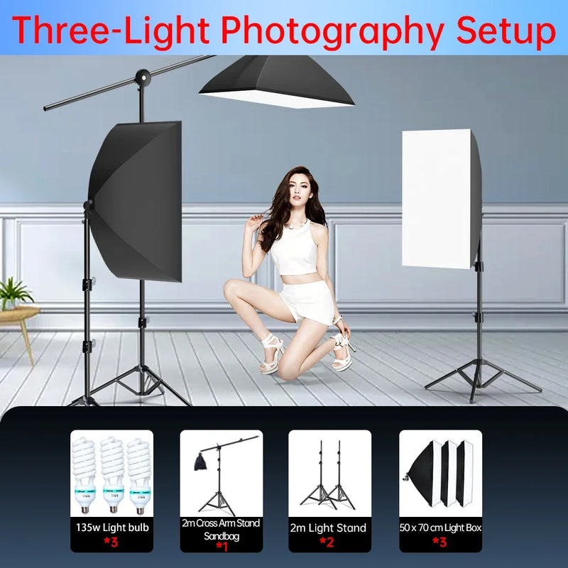 50x70cm Softbox 45W/70W Bulb Photography Studio Photo Lighting Kit Continuous Light System For Camera With  Remote Control