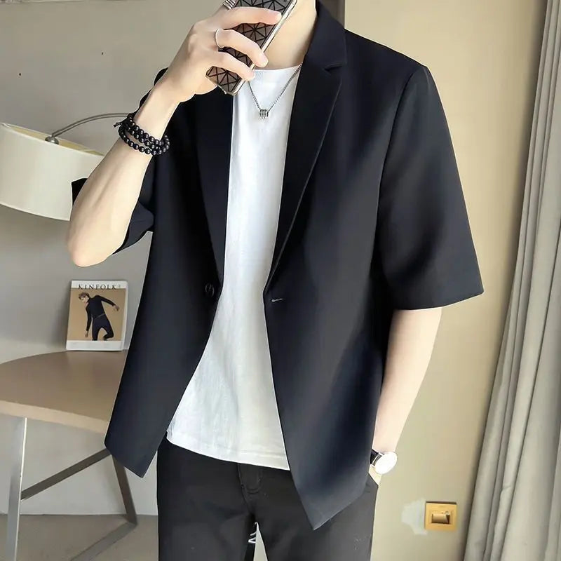 Korean Style Plus Size Men's 3 Piece Suit Set Short Sleeve Blazer Summer Lightweight Comfortable