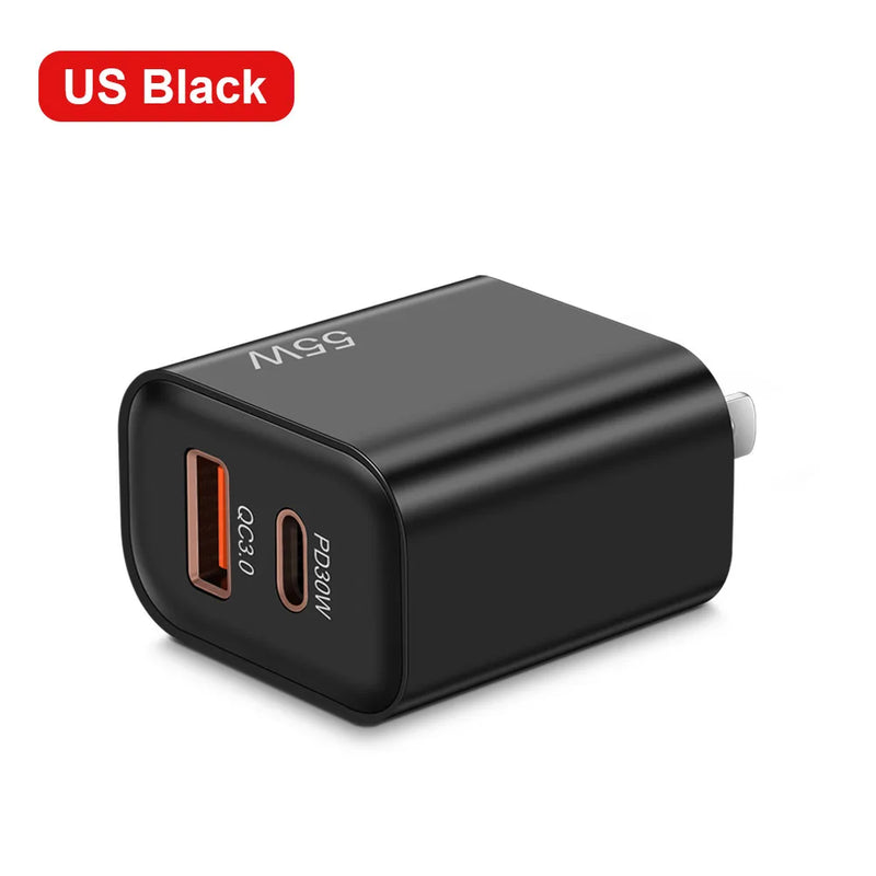 55W PD Fast USB Charge Charger 2 Ports EU US Plug Wall Charger Adapter For iPhone Xiaomi Huawei Samsung USB C Phone Charger