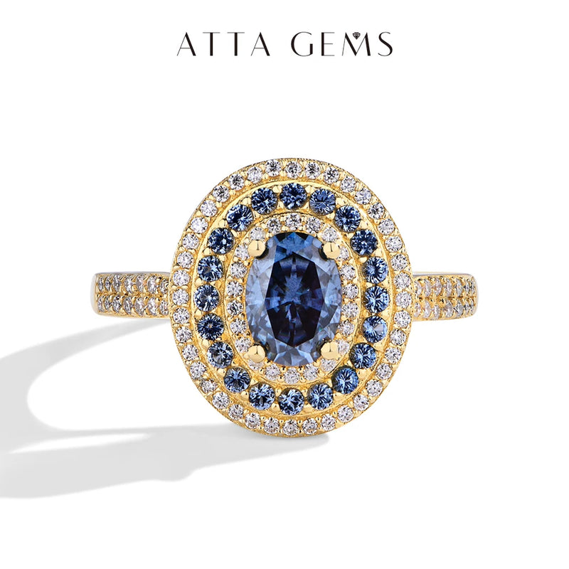 ATTAGEMS Blue Moissanite Women Rings Oval Cut 1.0CT Real S925 Sterling Silver Jewelry For Wedding Engagement Ring With Certified