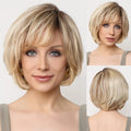 Short Straight Blonde Brown Lace Front Human Hair Wigs with Bangs for Women 100% Remy Human Hairs Bob Natural Wavy Layered Wigs