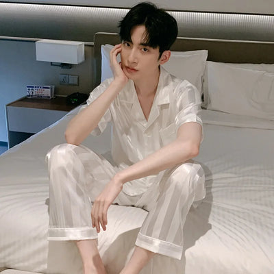 White Striped Men Pajamas Suit Short Sleeved Long Pants | SAMAG