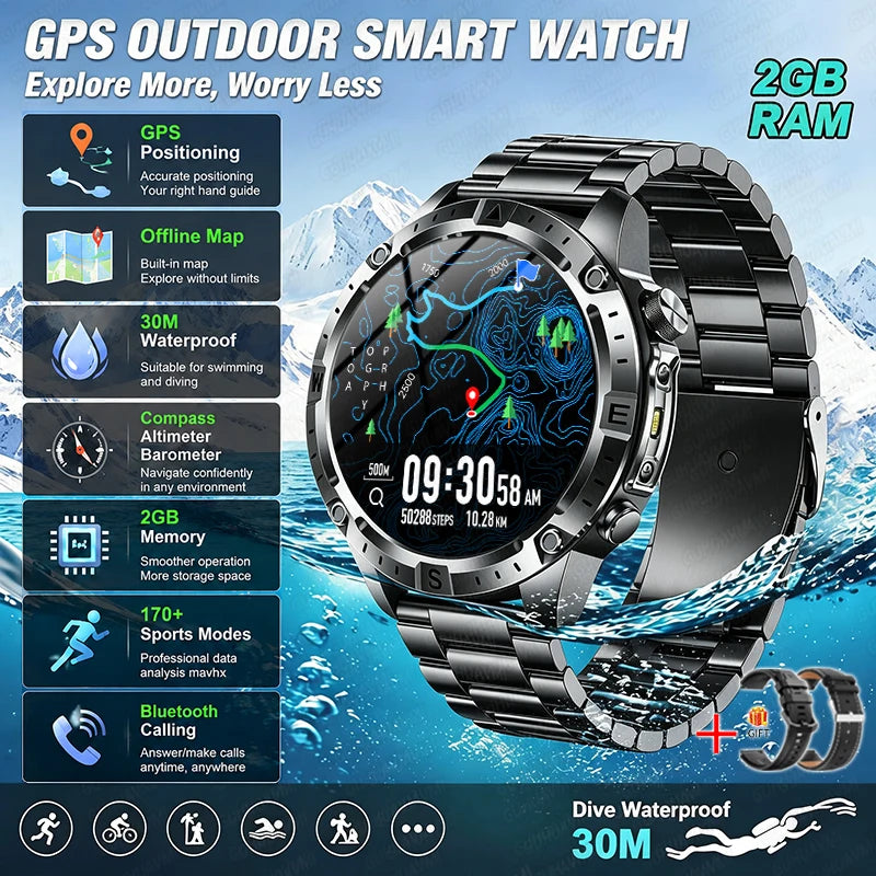 2026 Offline Map New Smart Watch 3ATM Waterproof GPS Navigation Compass Altimeter Flashlight Men 170+ Sports Bracelet Men Women