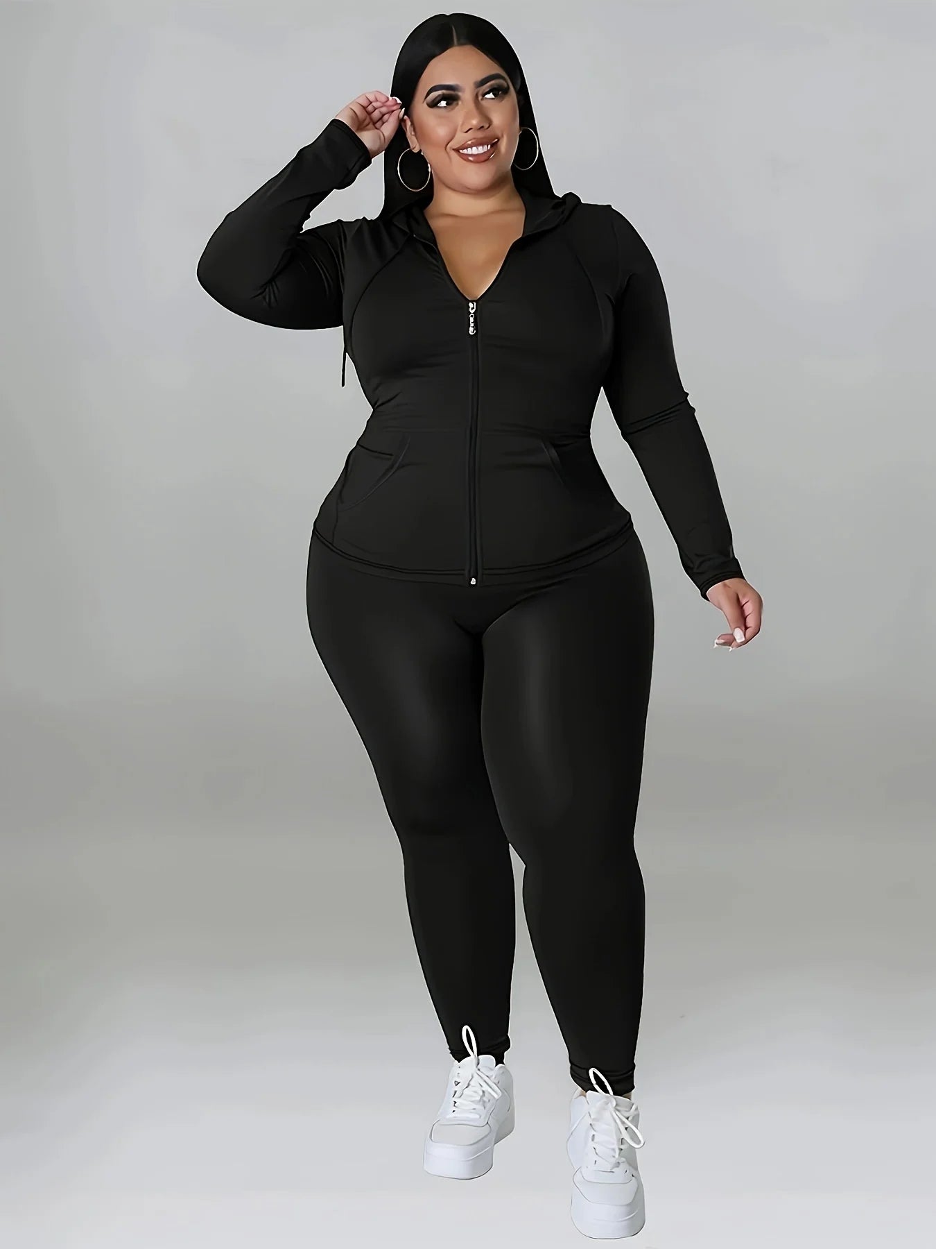 Soft Stretch Solid Color Curvy Athleisure Outfit, Zip Hoodie Tracksuit With Joggers, Comfortable Casual Oversized Matching Set, Versatile All Seasons Wear For Yoga Daily Party Streetwear Activities