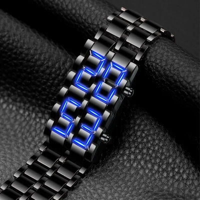 Relógio de pulso digital Lava masculino, metal completo preto, display LED azul, presentes para homem | SAMAG