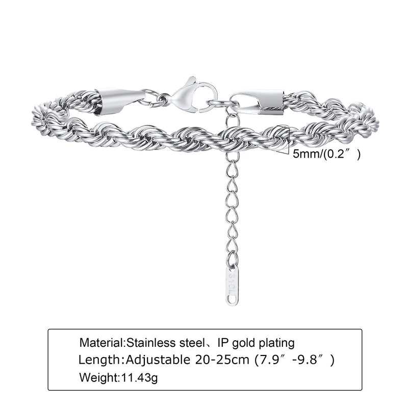 Hip Hop Men's Stainless Steel Rope Chain Bracelets,2/3/4/5mm Gold Color Adjustable Twisted Chain Wristband,Punk Casual Jewelry