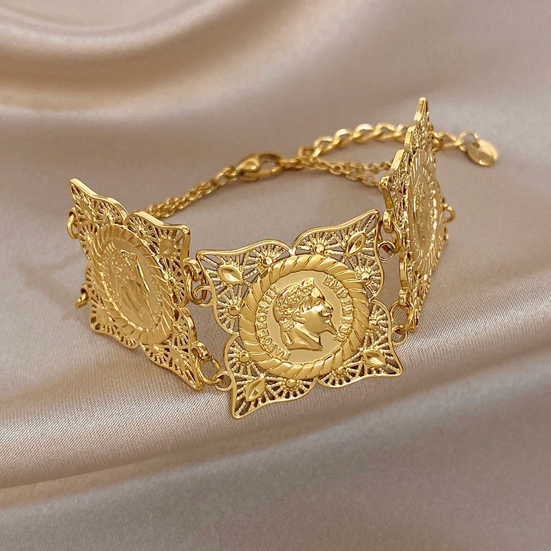 Vintage Gold Plated Stainless Steel Coins Wrist Bracelet for Women Men Classic Ethnic Cuff Bracelets Waterproof Jewelry