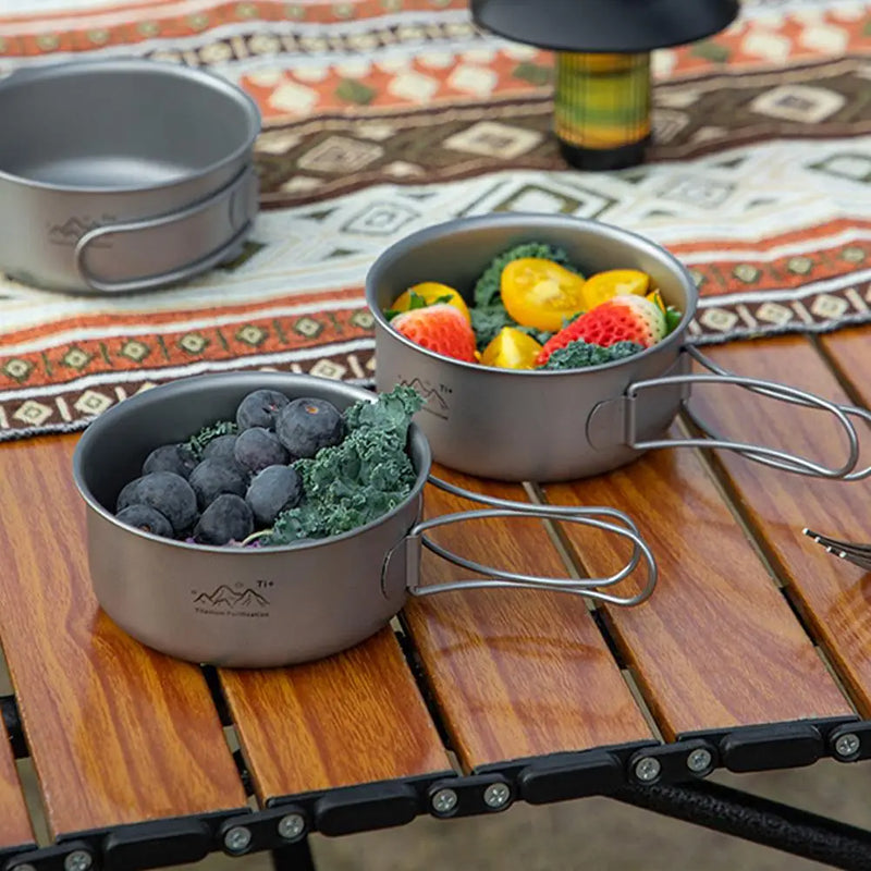 Titanium Coated Camping Pot with Foldable Handle,Lightweight Stainless Steel Outdoor Cookware Portable Hiking Cooking Bowl