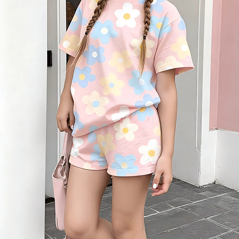 Girls Short Sleeve Crew Neck T-Shirt + Set Allover | SAMAG