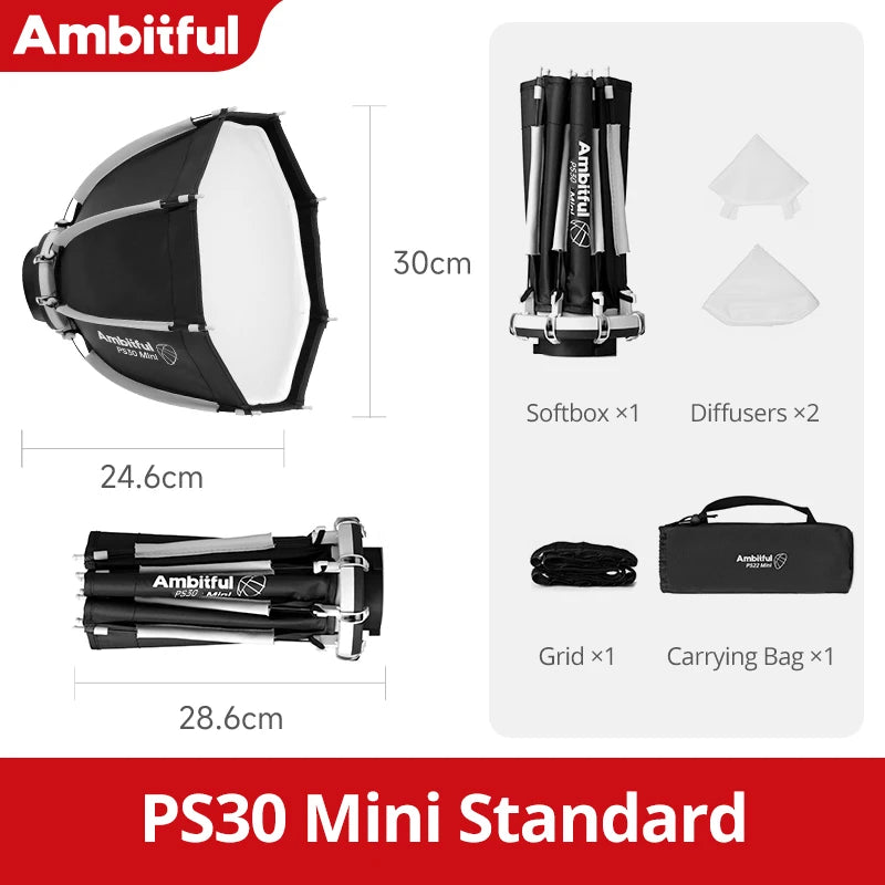 AMBITFUL PS22 PS30 Softbox Mini Bowens Mount COB Light Octagon Softbox Mini Bowens Mount Matt Box
