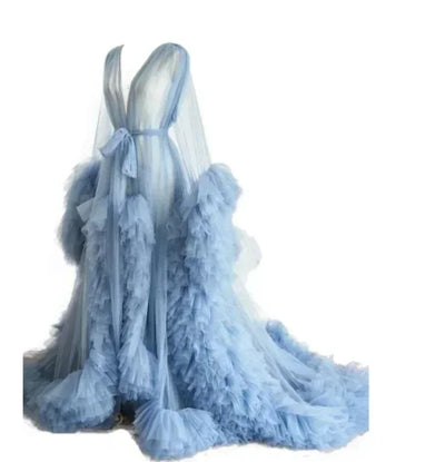 Women Dressing Gown Perspective Sheer Long Tulle Robe | SAMAG