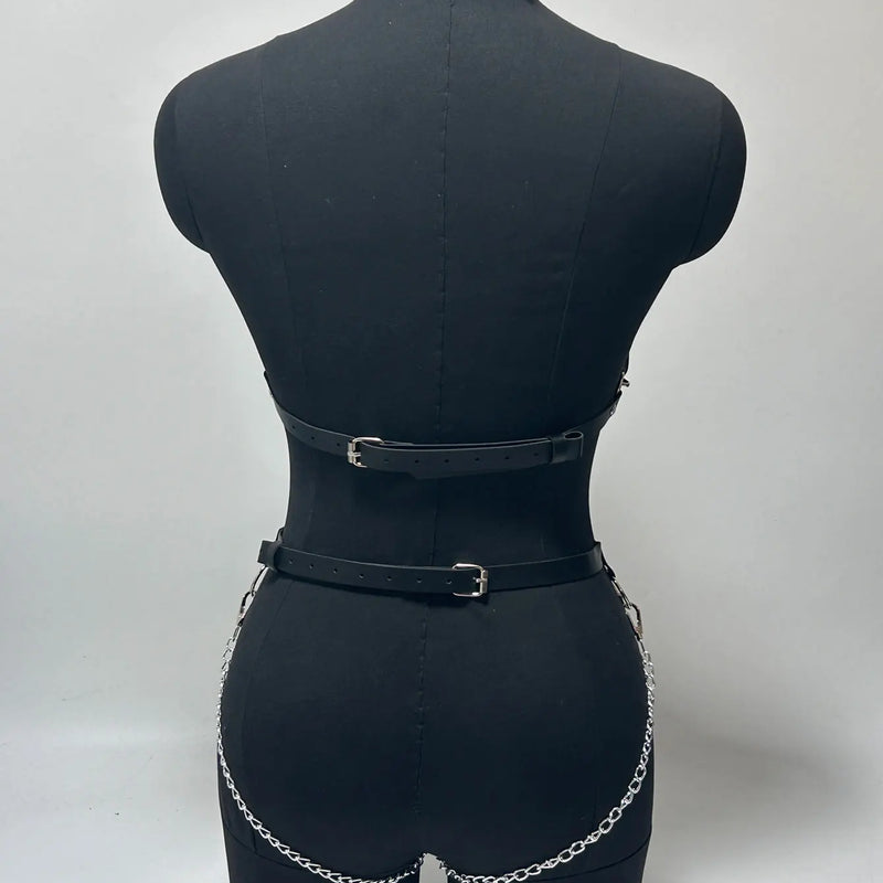 Women Fashion Full Body Chain Leather Waist Belt and Thigh Garter Set, Punk Gothic Metal Chain Suspenders for Festival Cosplay