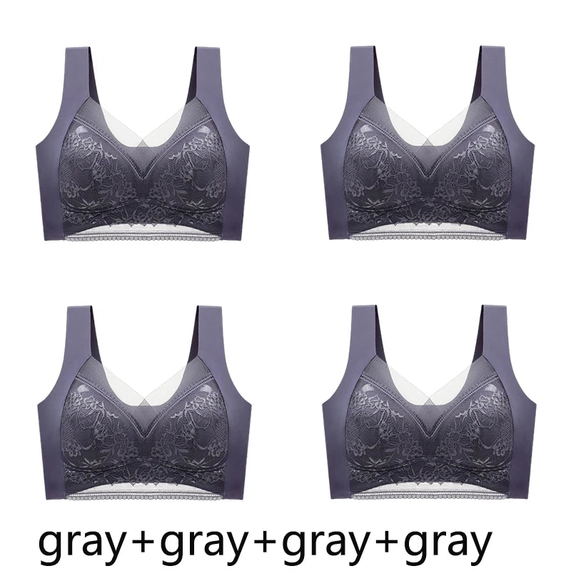 FallSweet 4PCS Plus Size Ice Silk Bra for Women Seamless Push Up Bralette Wireless Lace Brassiere Summer Underwear Lingerie Tops
