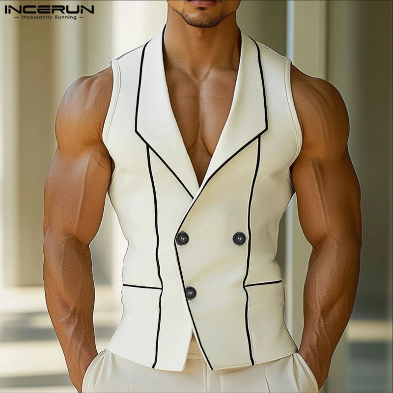 INCERUN Men Vests Printing Color-block Lapel Sleeveless Button Casual Male Waistcoats Streetwear 2025 Fashion Leisure Vests Men