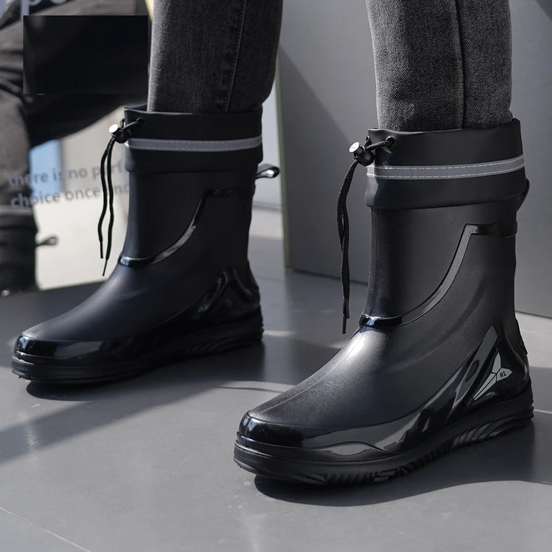 Outdoor work British style anti slip warm autumn and winter waterproof drawstring tied men's rain boots