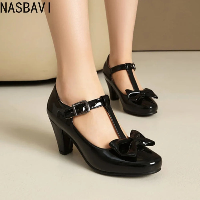 Elegant Women's Heels Mary Janes Lolita Shoes 2026 Sweet Bow Pumps Black White Pink Heeled Party Wedding Shoes Female Large Size