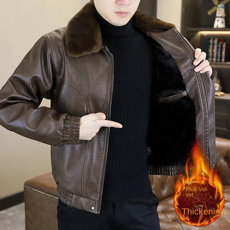 2025Men's Fleece-Lined Thickened Fur Collar Leather Jacket |  Autumn & Winter New Style  High-Quality