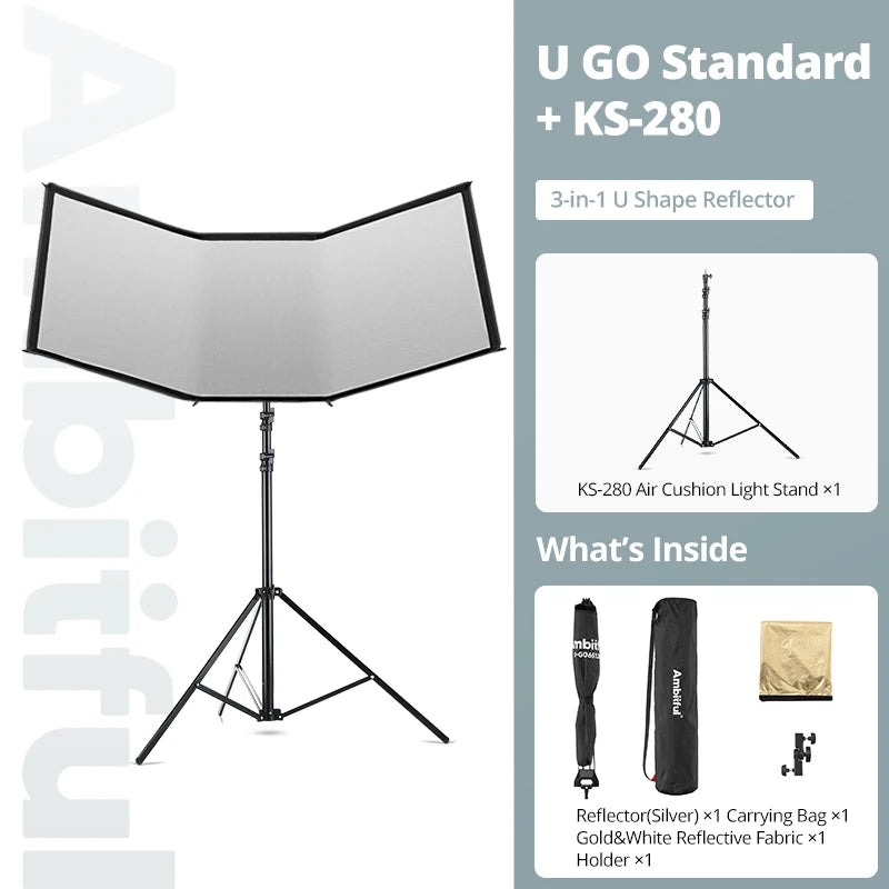 AMBITFUL UGO 65*120cm 3in1 Quick-release U-shape Reflector Kit With 280cm KS-280 Air Cushion Light Stand Studio Ourdoor Kit