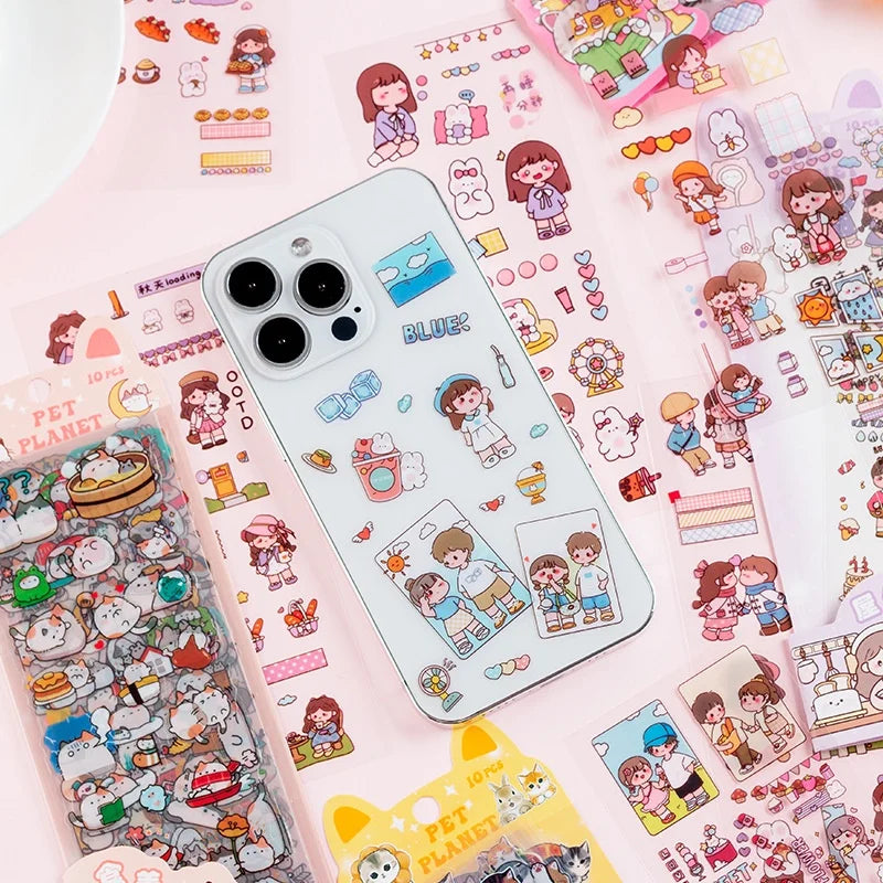 10Sheets Pet Planet Series Cartoon Transparent Waterproof PVC Ledger Material Stickers For Hand Account Pencil Case Decals