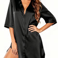 Elegant Satin Nightshirt Solid Lapel Button-Up Shirt | SAMAG