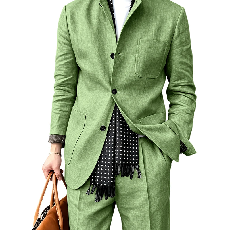 Men's Linen Blend 2 Piece Suit Set Stand Collar Three Button Breathable Casual Blazer Pants For Business Daily Wear Summer