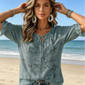Women's Sage Tiny Dot All Over Print Tie V Neck Blouse Ruffle Cuff Lightweight Casual Shirt