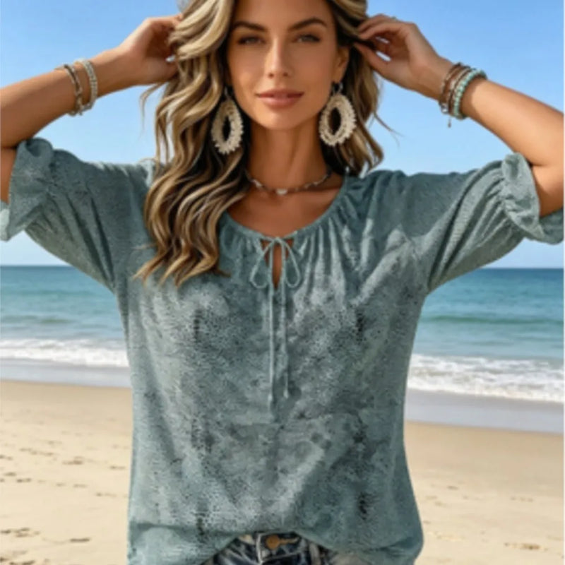 Women's Sage Tiny Dot All Over Print Tie V Neck Blouse Ruffle Cuff Lightweight Casual Shirt