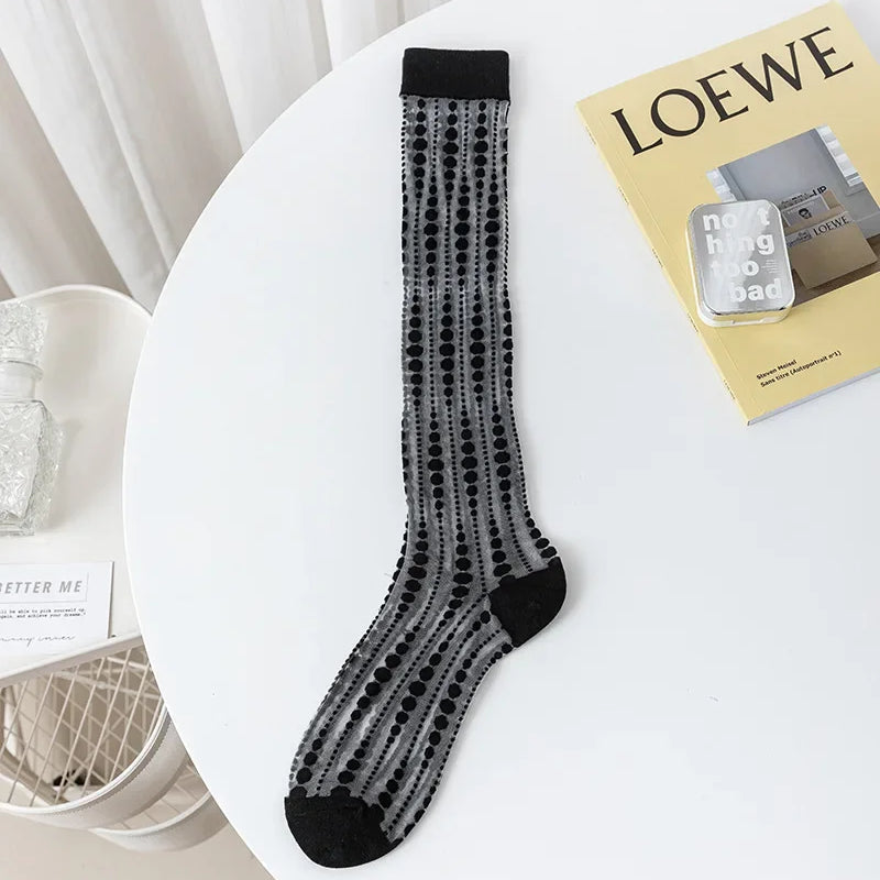 Crystal Silk Socks Stockings Women Summer Ultra-thin Transparent Nylon Long Socks Lingerie Sexy Lace Floral Knee Socks Stockings