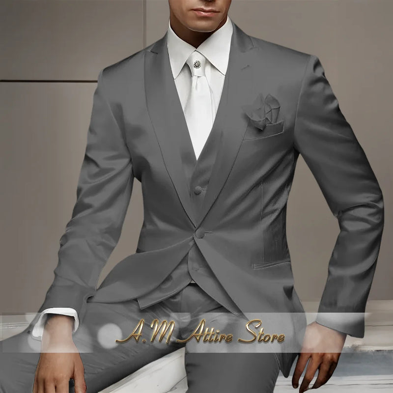 Men's Wedding Party Suits 3 Piece White Satin Mikado Jacket Vest Pants Set for Summer Banquet Party Father Gift Tailored Fit