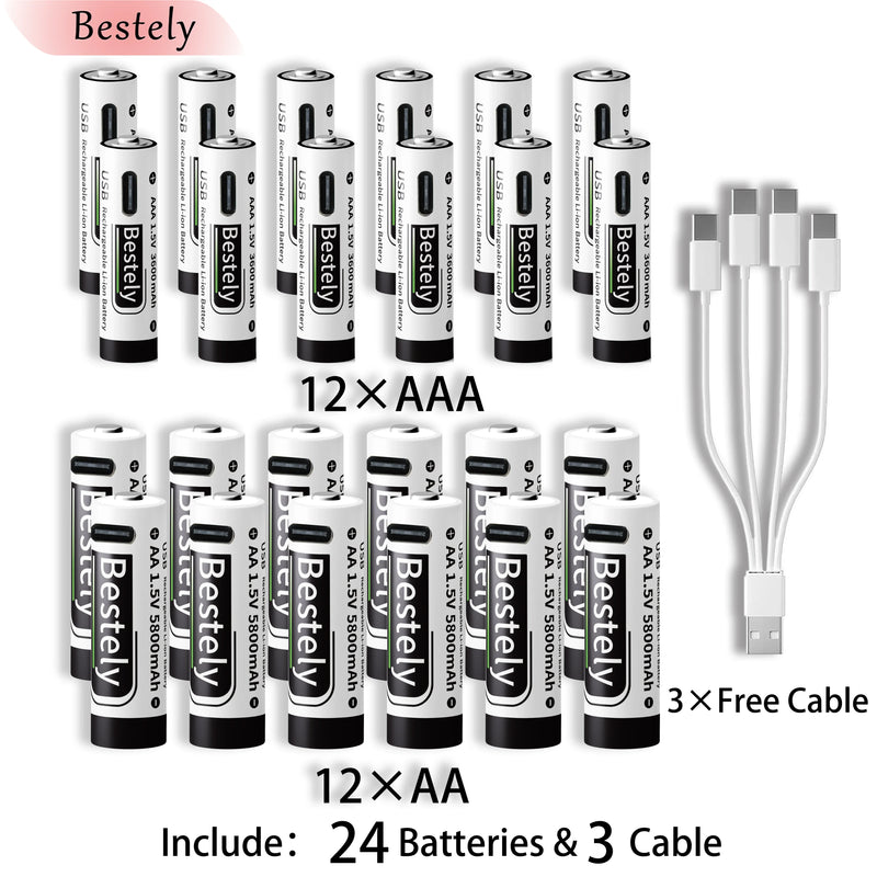 New 1.5V AAA 3600mAh+AA 5800mAh Lithium Ion Rechargeable Battery Fast Charging USB-C Li-ion Batteries 2000 Cycle with Free Cable