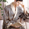 Men Bath Robe Satin Print Gold Kimono Bathrobe Silk Long Dressing Gown Plus Size Sleepwear Geometric Lounge Nightgown XL 4XL 5XL