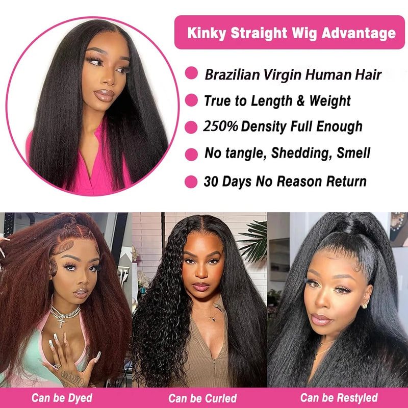 Kinky Straight 13X4 Lace Front Wig Glueless Yaki Straight HD Lace Frontal Wig Vietnamese Raw Curly Human Hair Wigs 5x5 HD Closure Waer And Go Glueless Wigs 250% Density On Clearance Sale